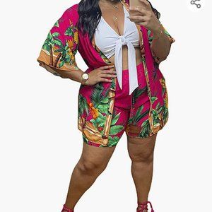 3 piece Outfit Floral Print Short Sleeve Cardigan Bra Top